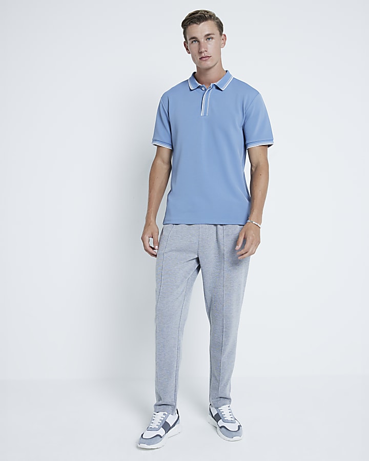 Blue Slim fit textured tipped polo shirt