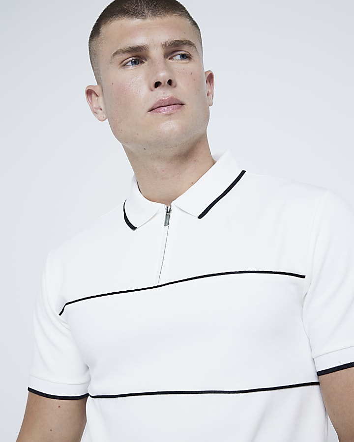 White Muscle Fit Block Polo Shirt