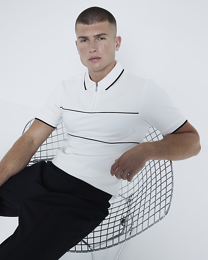 White Muscle Fit Block Polo Shirt