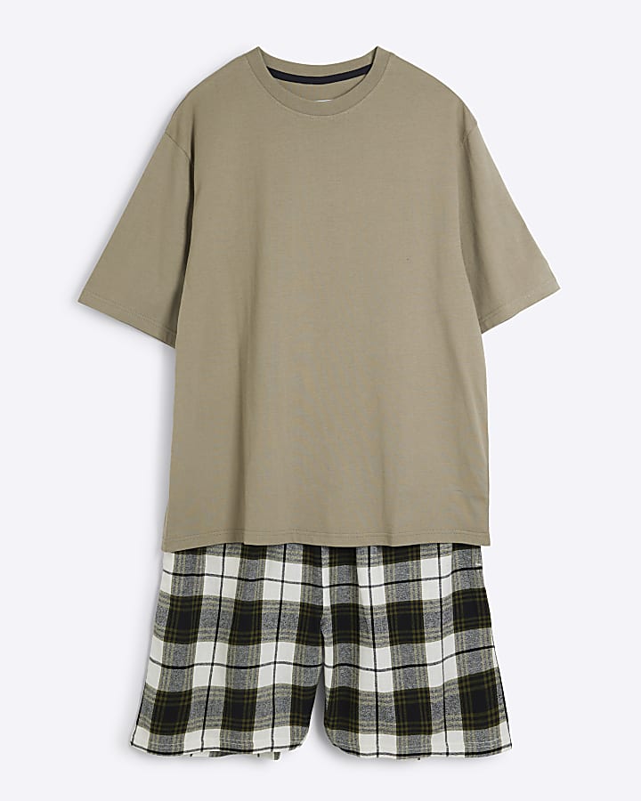 Green T-Shirt And Check Shorts Pyjamas Set