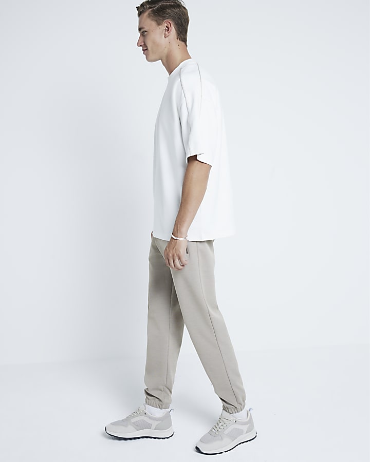 Beige Boxy Dual Piped T-Shirt