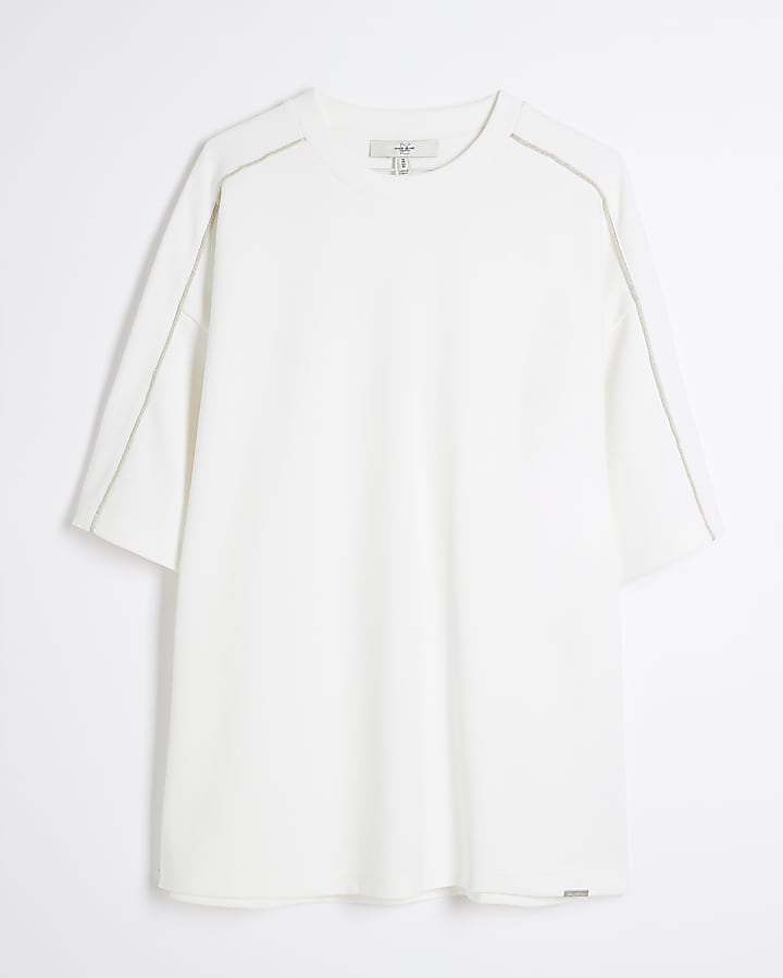 Beige Boxy Dual Piped T-Shirt