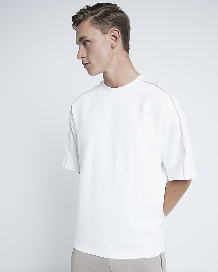 Beige Boxy Dual Piped T-Shirt