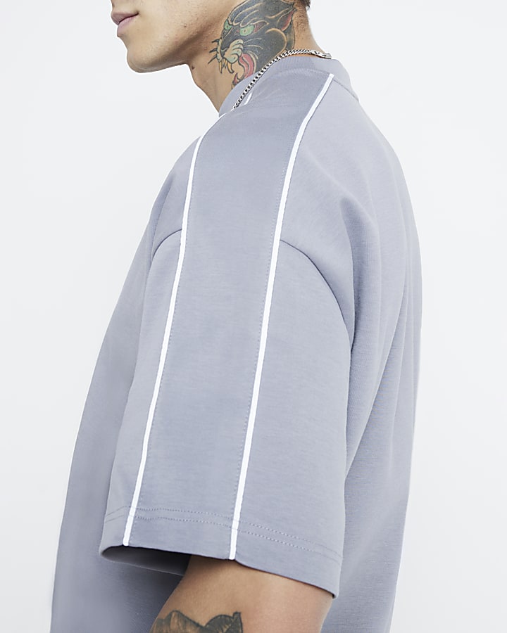 Grey Boxy Dual Piped T-Shirt