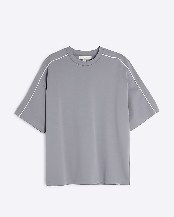 Grey Boxy Dual Piped T-Shirt