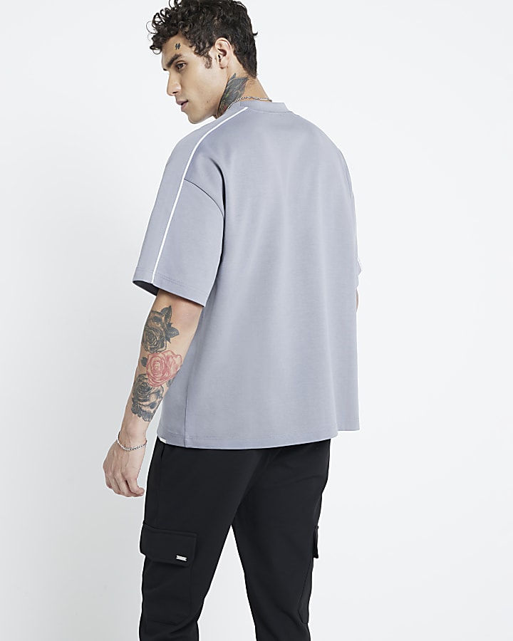 Grey Boxy Dual Piped T-Shirt