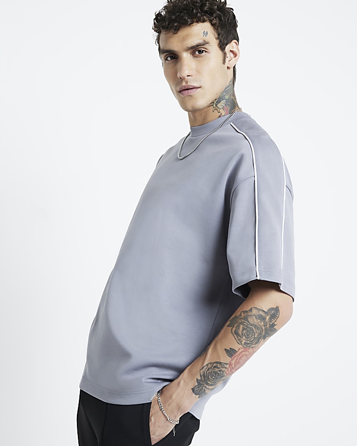 Grey Boxy Dual Piped T-Shirt