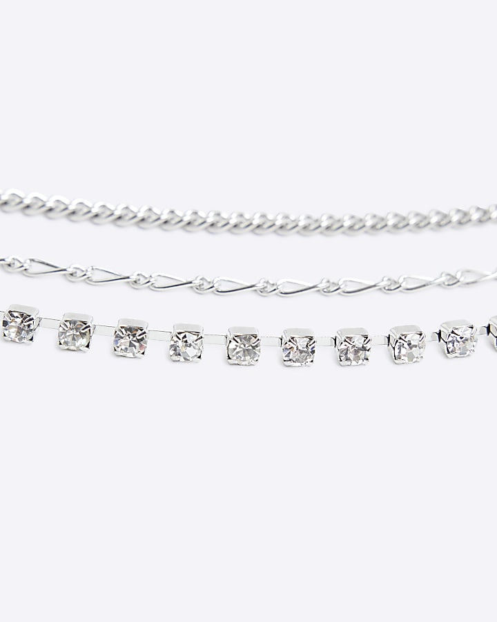 Silver colour diamante multirow necklace