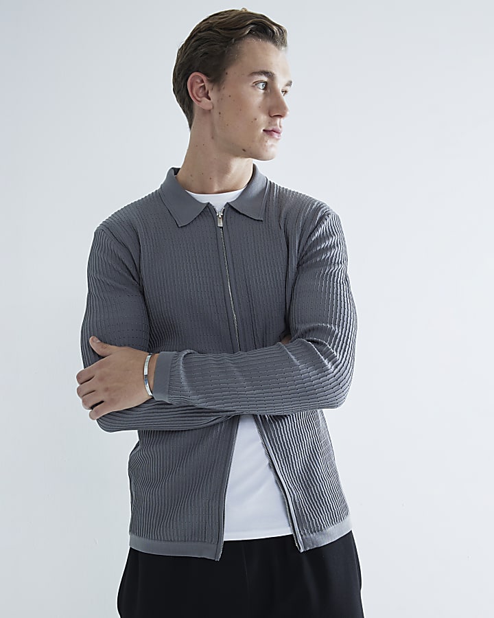 Grey Long Sleeve Brick Knitted Shirt