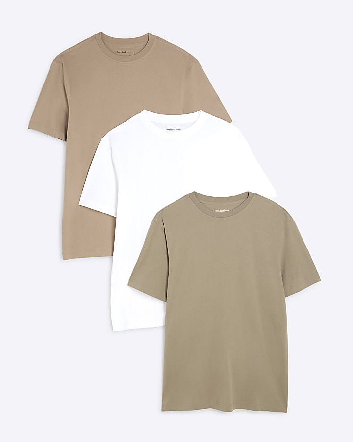 3 Pack White Beige & Khaki Slim Fit T-Shirts