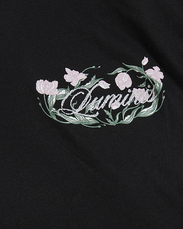 Black regular fit floral embroidered t-shirt