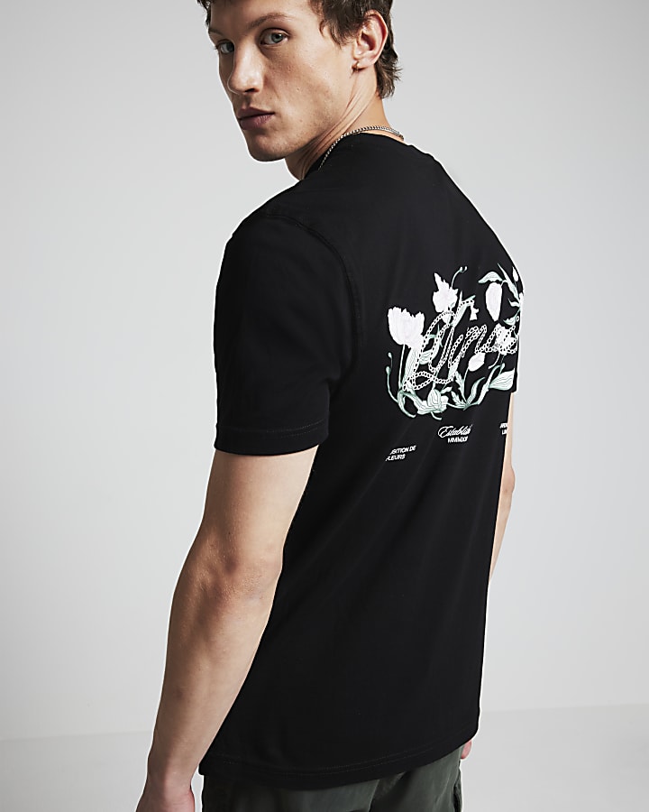 Black regular fit floral embroidered t-shirt