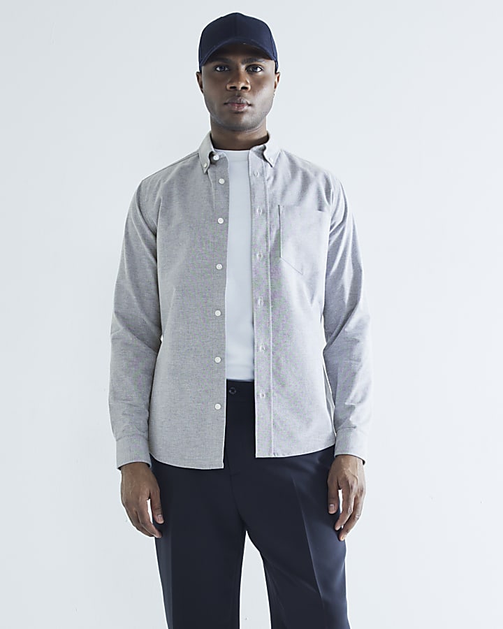 Grey Slim Fit Stretch Oxford Shirt