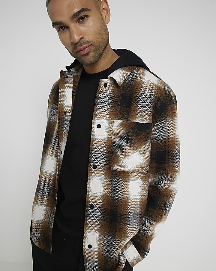 Brown Check Hooded Shirt