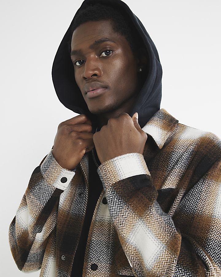 Brown Check Hooded Shirt
