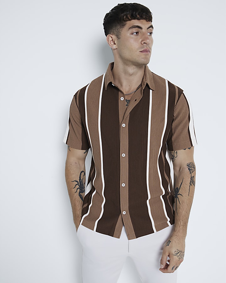 Brown Regular Fit Striped Ottoman Shirt