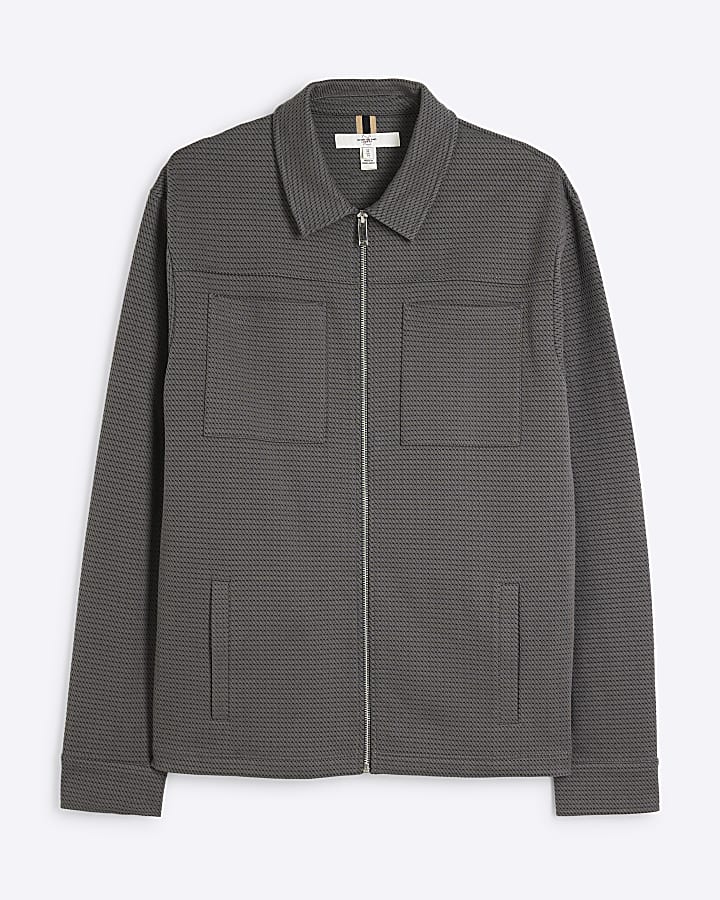 Grey Long Sleeve Slim Jacquard Shacket