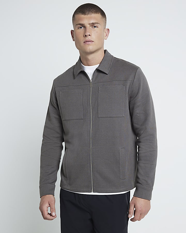 Grey Long Sleeve Slim Jacquard Shacket
