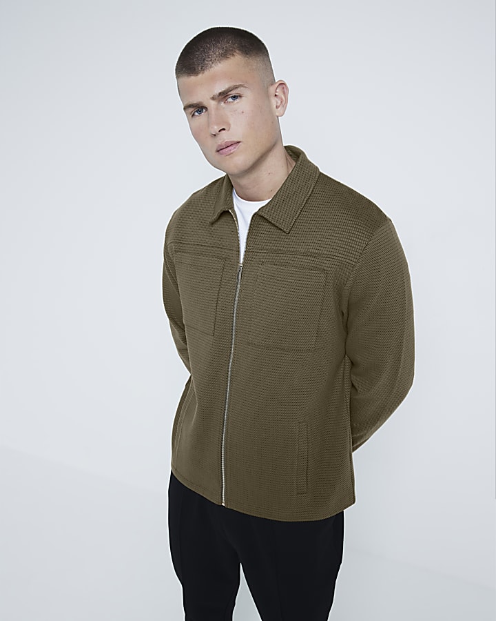 Khaki Long Sleeve Slim Jacquard Shacket
