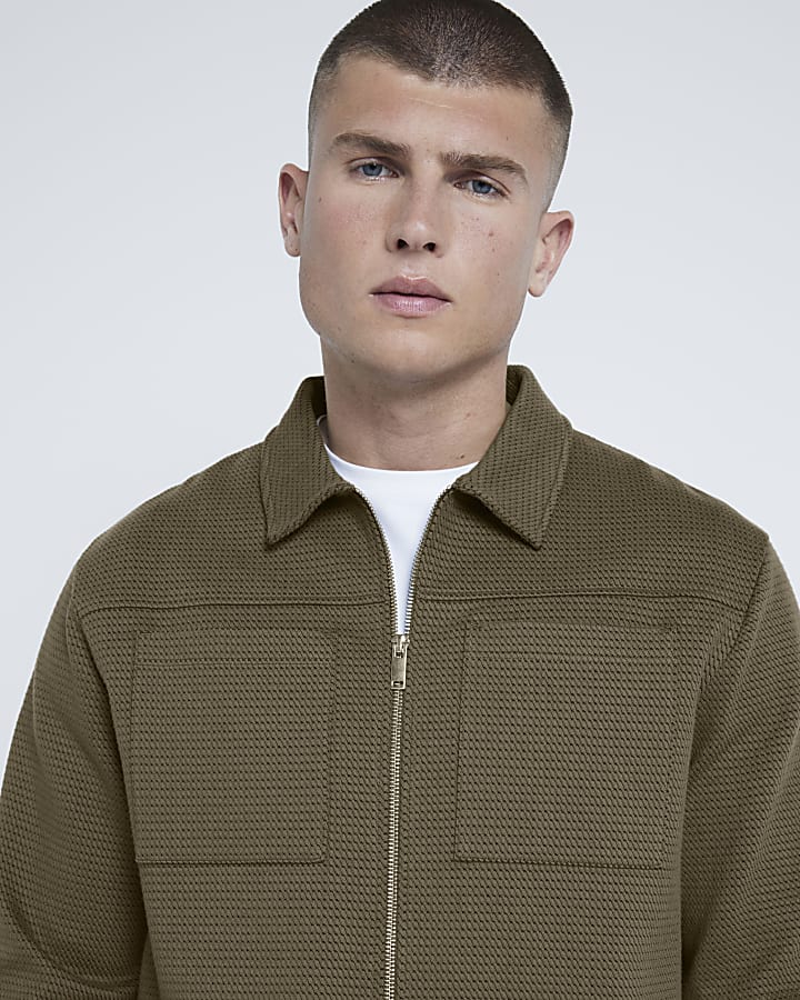 Khaki Long Sleeve Slim Jacquard Shacket