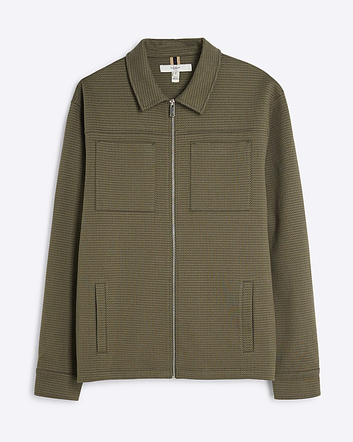 Khaki Long Sleeve Slim Jacquard Shacket