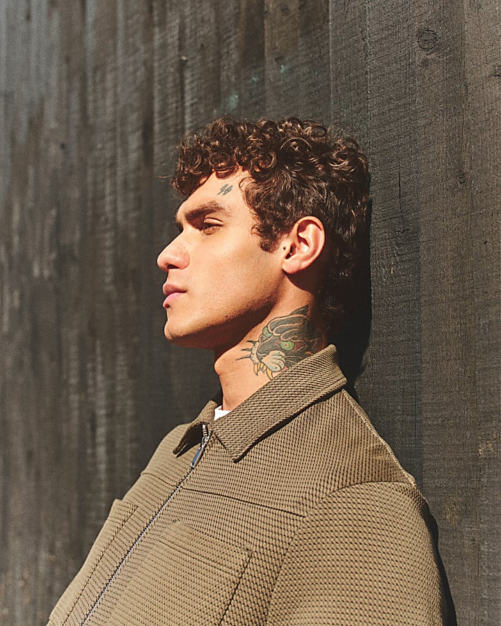 Khaki Long Sleeve Slim Jacquard Shacket