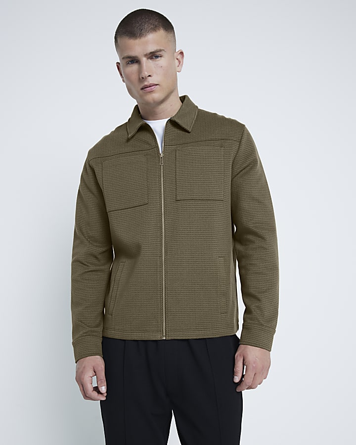 Khaki Long Sleeve Slim Jacquard Shacket