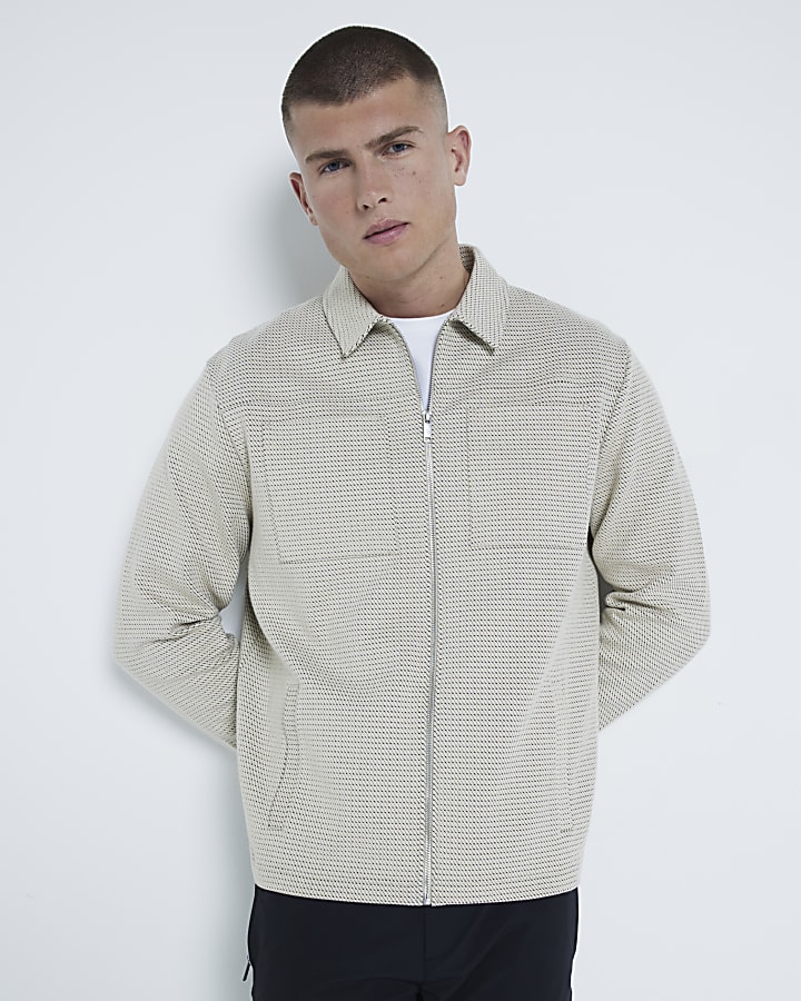 Beige Light Long Sleeve Slim Jacquard Shacket