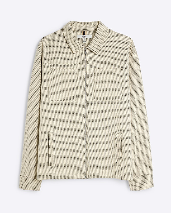 Beige Light Long Sleeve Slim Jacquard Shacket