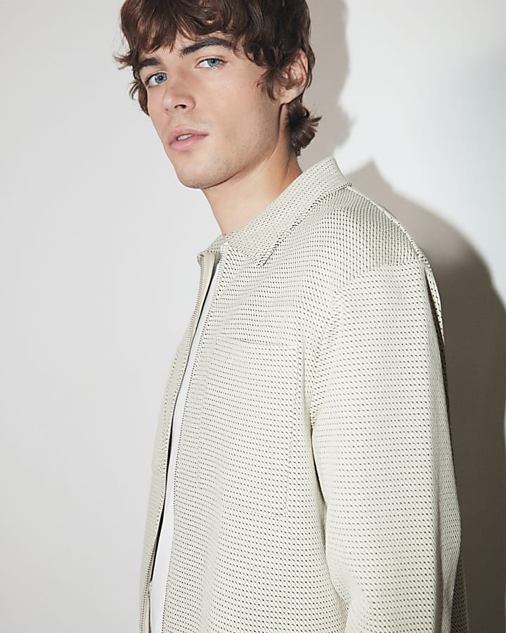 Beige Light Long Sleeve Slim Jacquard Shacket