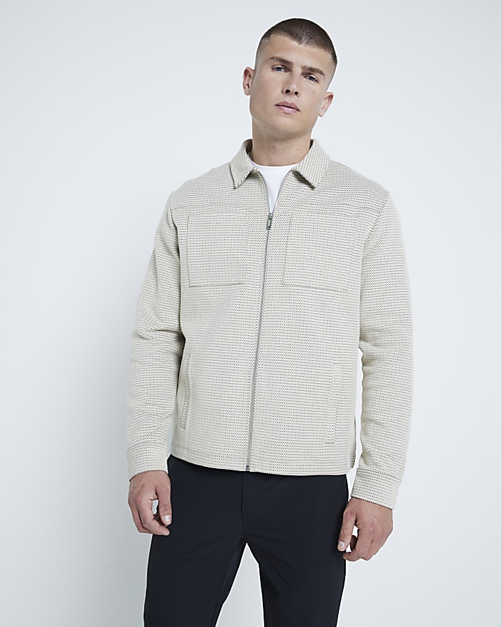 Beige Light Long Sleeve Slim Jacquard Shacket