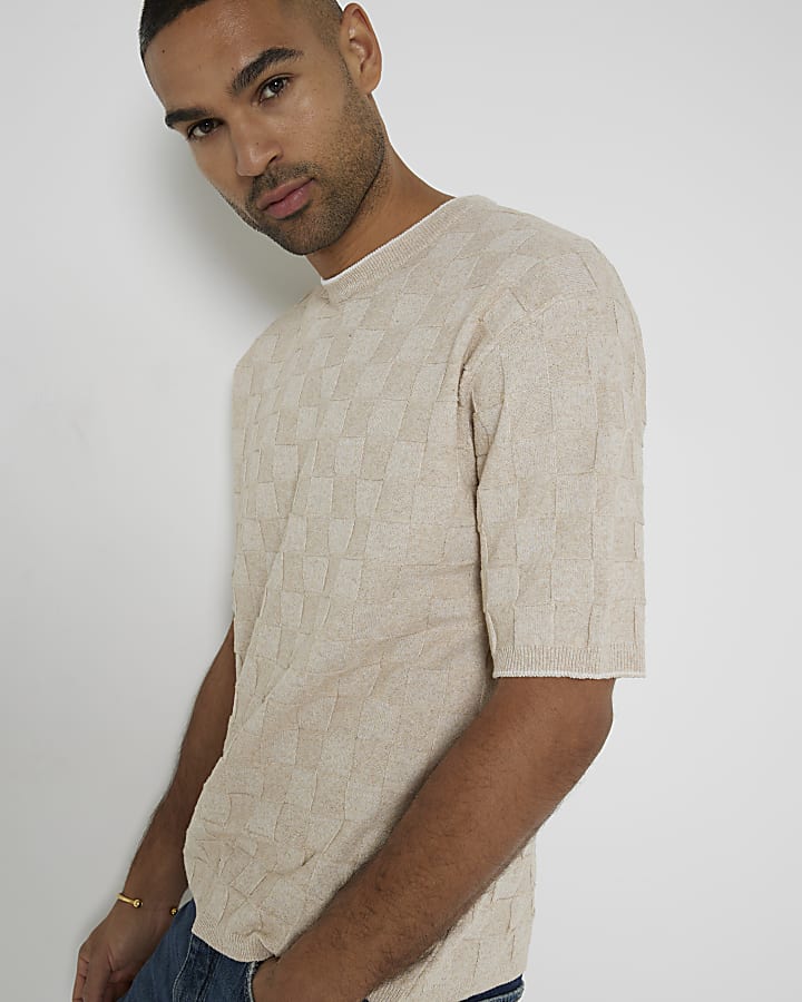 Beige Regular Fit Checkerboard T-Shirt