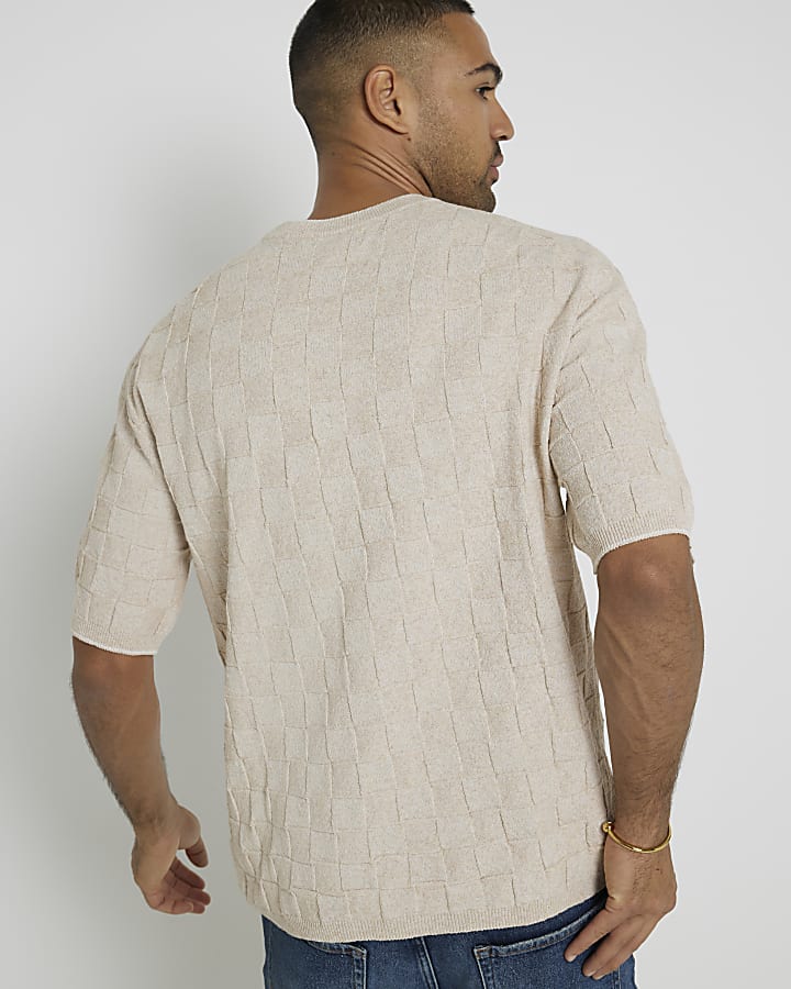 Beige Regular Fit Checkerboard T-Shirt