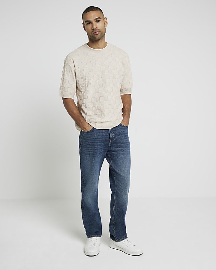 Beige Regular Fit Checkerboard T-Shirt