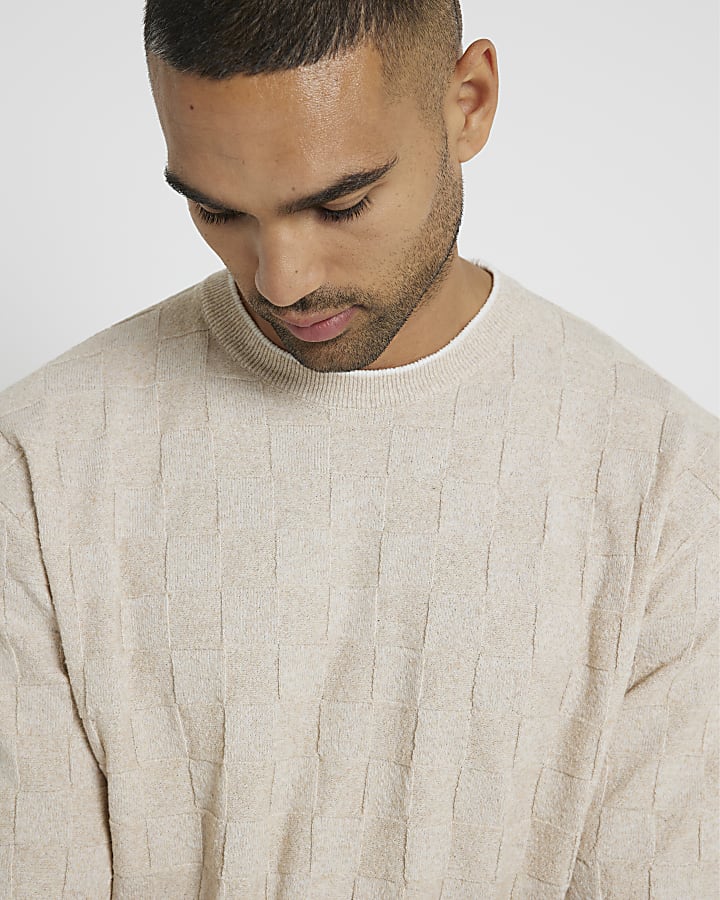 Beige Regular Fit Checkerboard T-Shirt