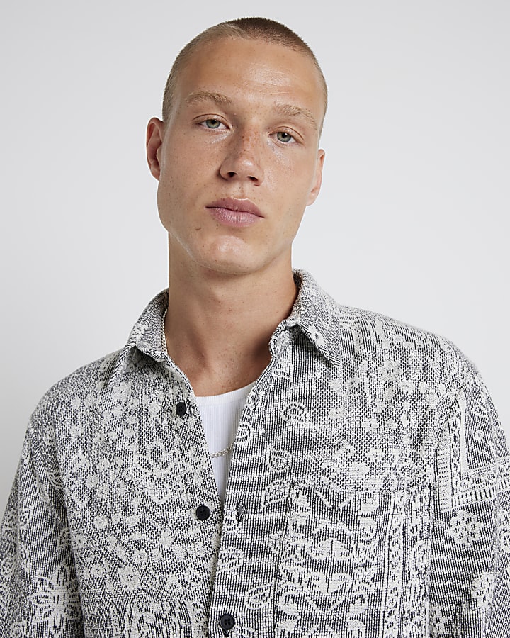 Grey regular fit textured paisley shirt