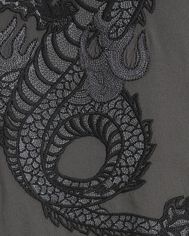 Grey Regular Fit Dragon Embroidery Shirt