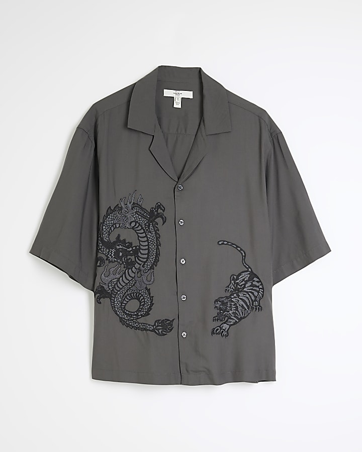 Grey Regular Fit Dragon Embroidery Shirt