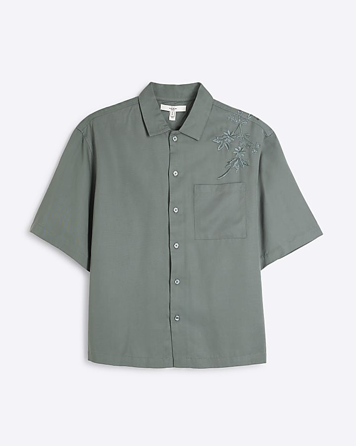 Green Crane Embroidery Revere Shirt