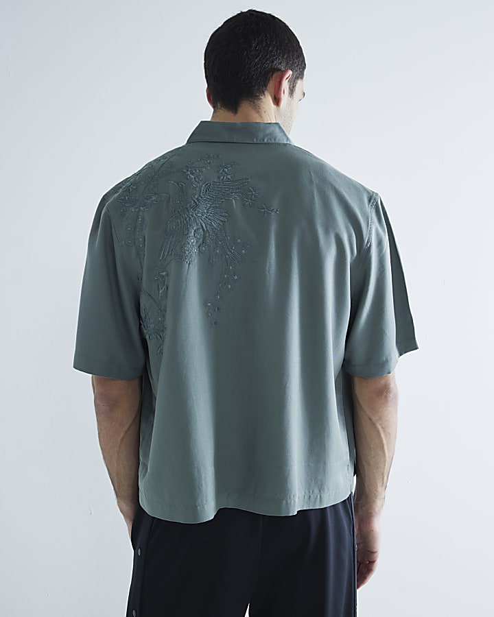 Green Crane Embroidery Revere Shirt