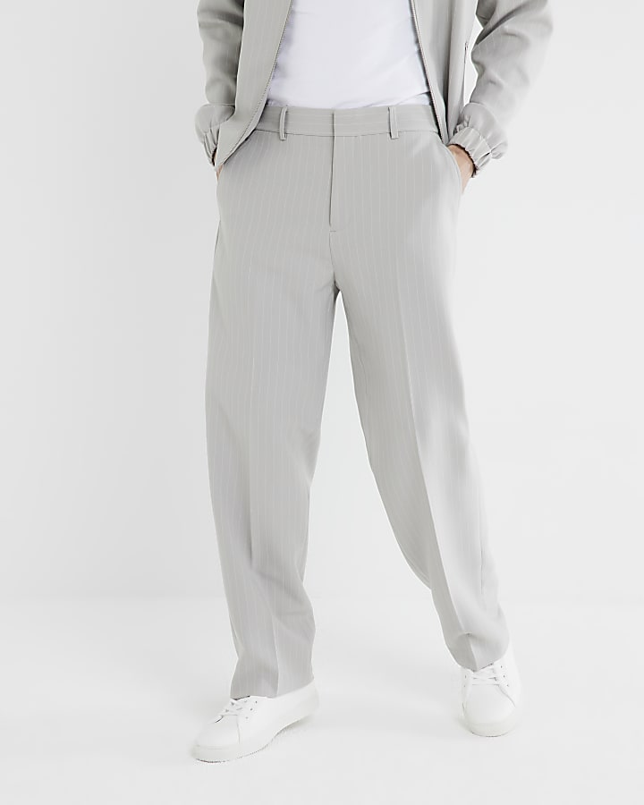 Grey Stripe Relaxed Half Elastic Trousers