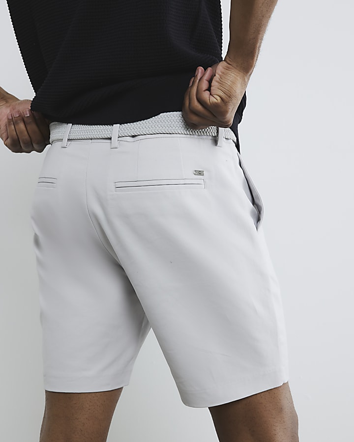 Grey Slim Fit Belted Chino Shorts