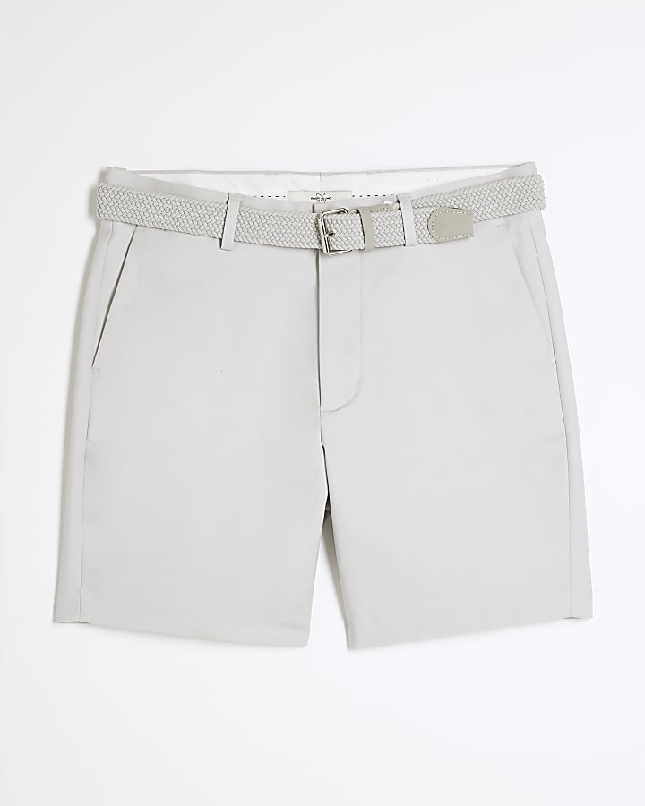 Grey Slim Fit Belted Chino Shorts