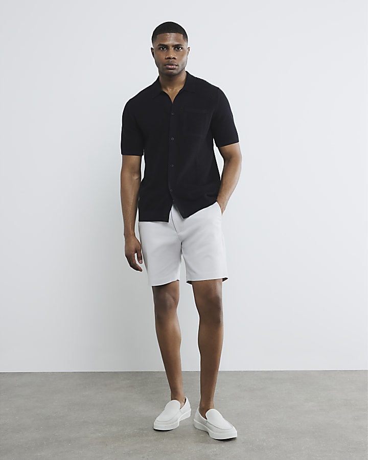 Grey Slim Fit Belted Chino Shorts