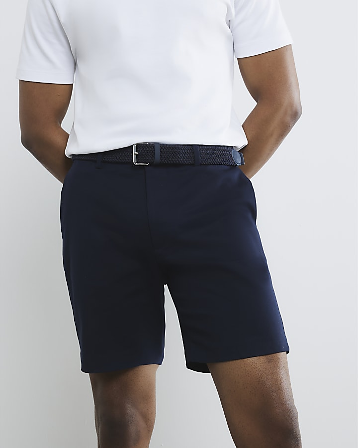 Navy Slim Fit Belted Chino Shorts