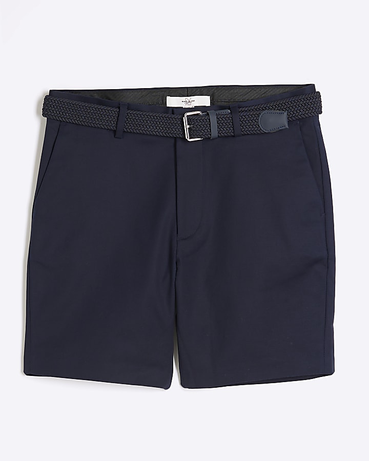 Navy Slim Fit Belted Chino Shorts