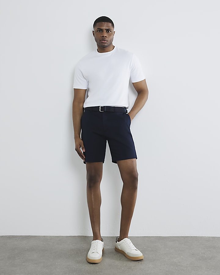 Navy Slim Fit Belted Chino Shorts