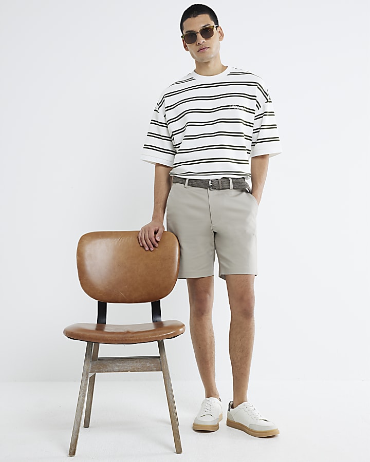 Beige Slim Fit Belted Chino Shorts