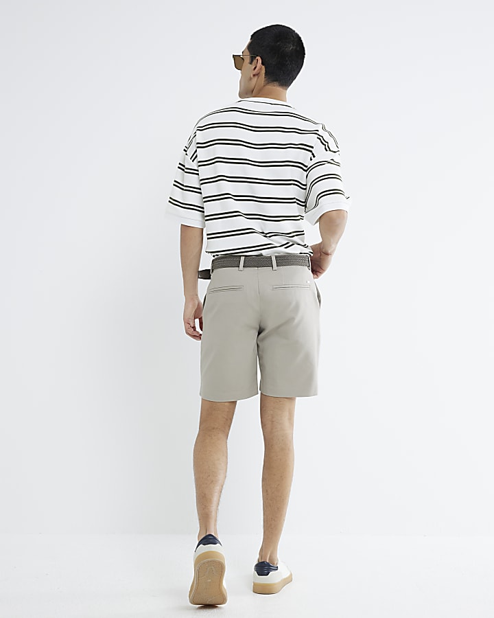 Beige Slim Fit Belted Chino Shorts