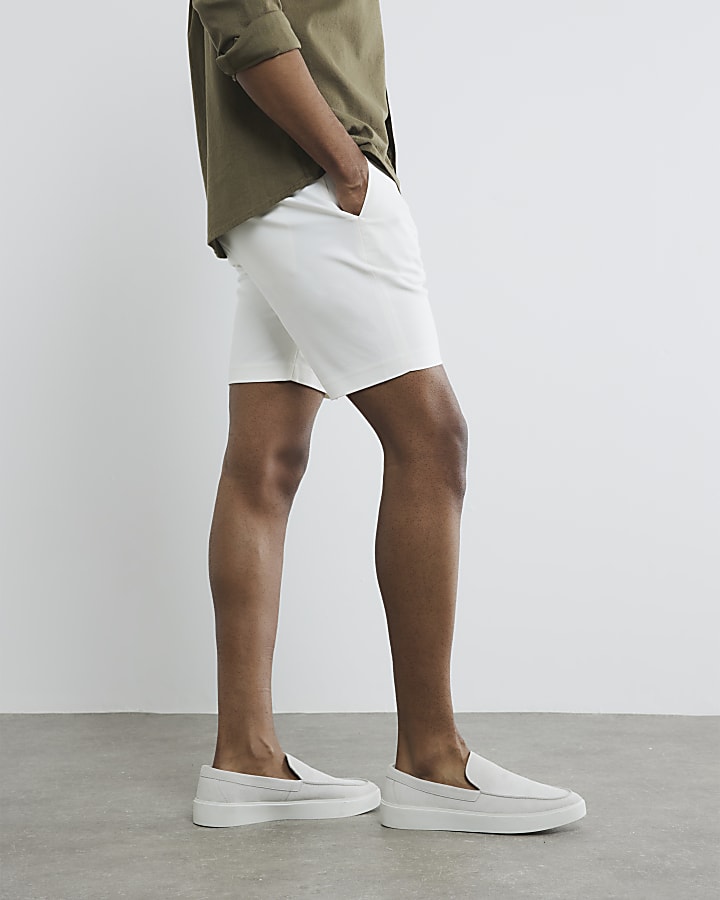 White Slim Fit Belted Chino Shorts